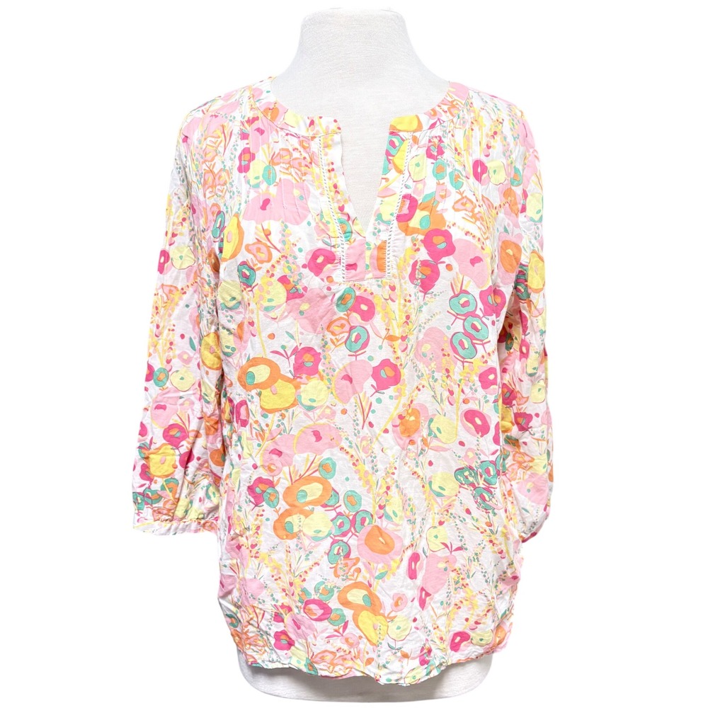 Talbots Floral Cotton Tunic Top Pink Orange Yellow 3/4 Sleeve Large Colorful